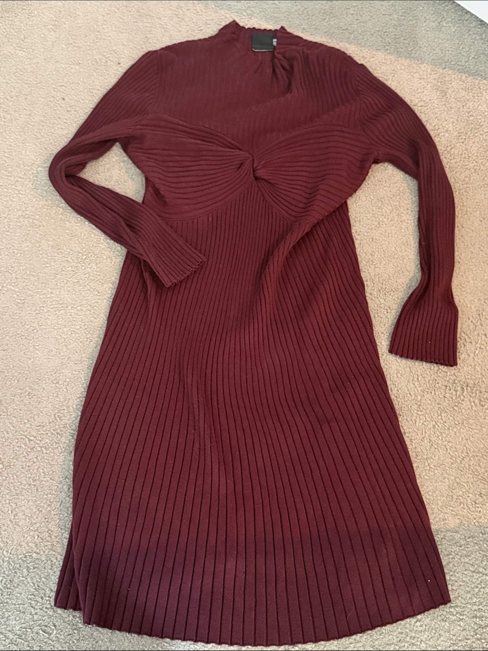 Size large Knit Twist-Front Long Sleeve sweater Dress burgundy knee length
